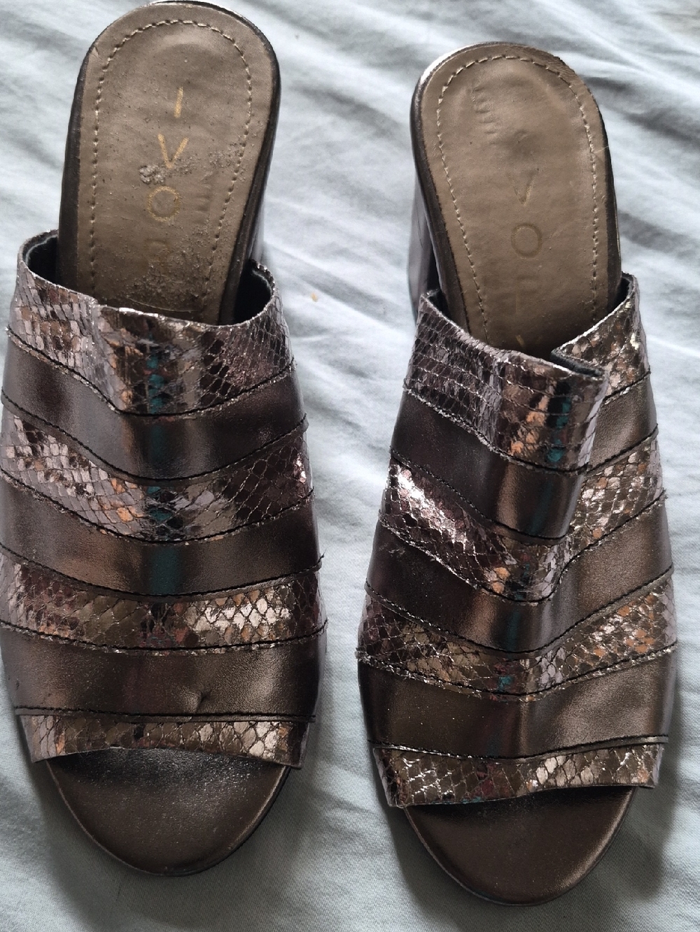 Vionic Bronze Metallic Slide Mules with Snake-Print Straps